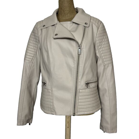 Women's GUESS Faux Leather Asymmetrical Moto Jacket Size M Cream‎ Ivory - Picture 3 of 16